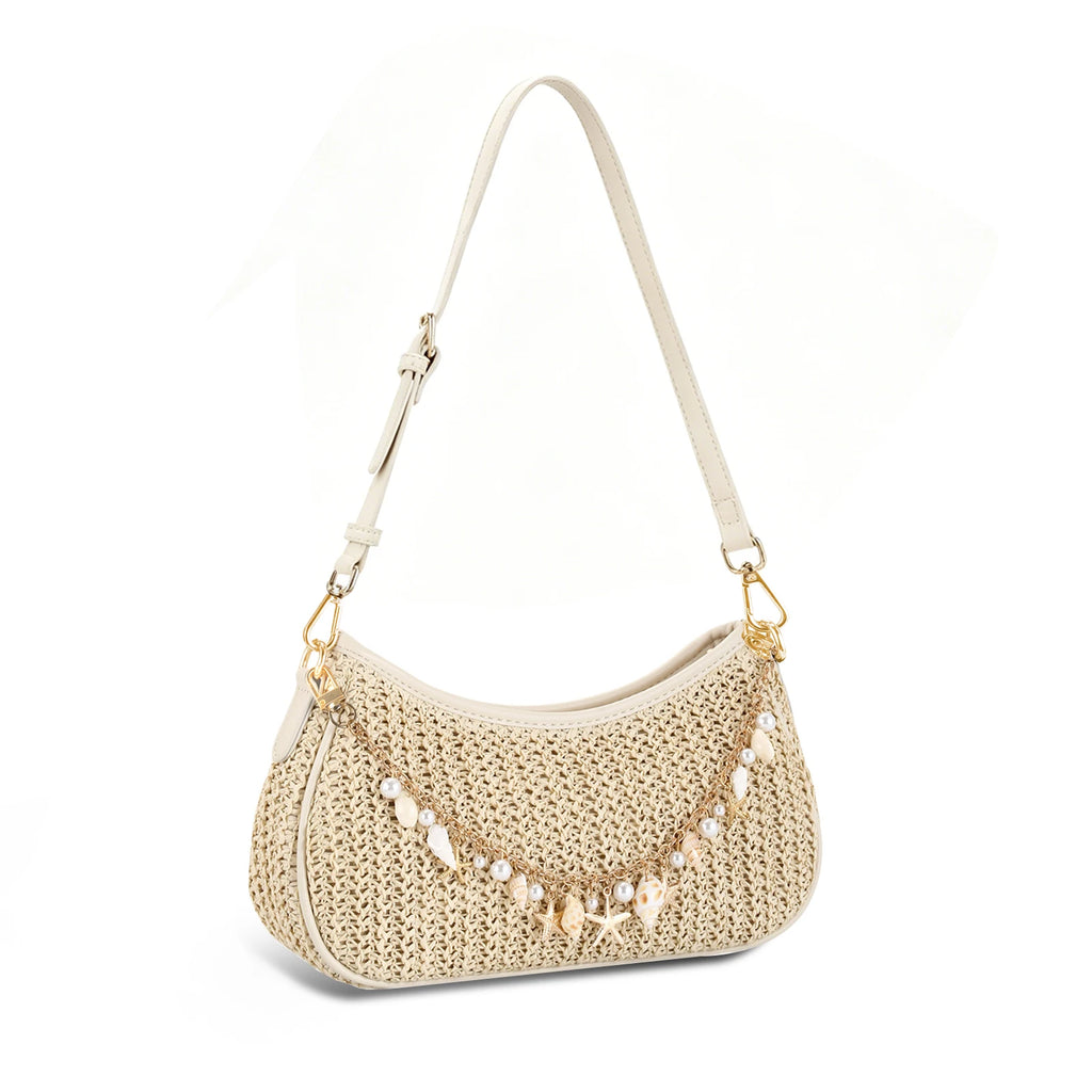 Bohemian Summer Straw Shoulder Bag with Ocean Shell, Starfish for Women Beach Vacation & Tropical Getaways Wrapped Handbags Ladies Handheld Crossbody Bags Totes mbzr