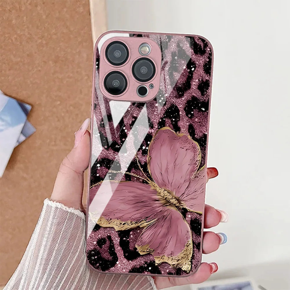 Butterfly Leopard Print Phone Case For iPhone 17 16 14 13 11 12 15 Pro Max Air 16E 8 7 Plus XR SE Tempered Glass Silicone Cover
