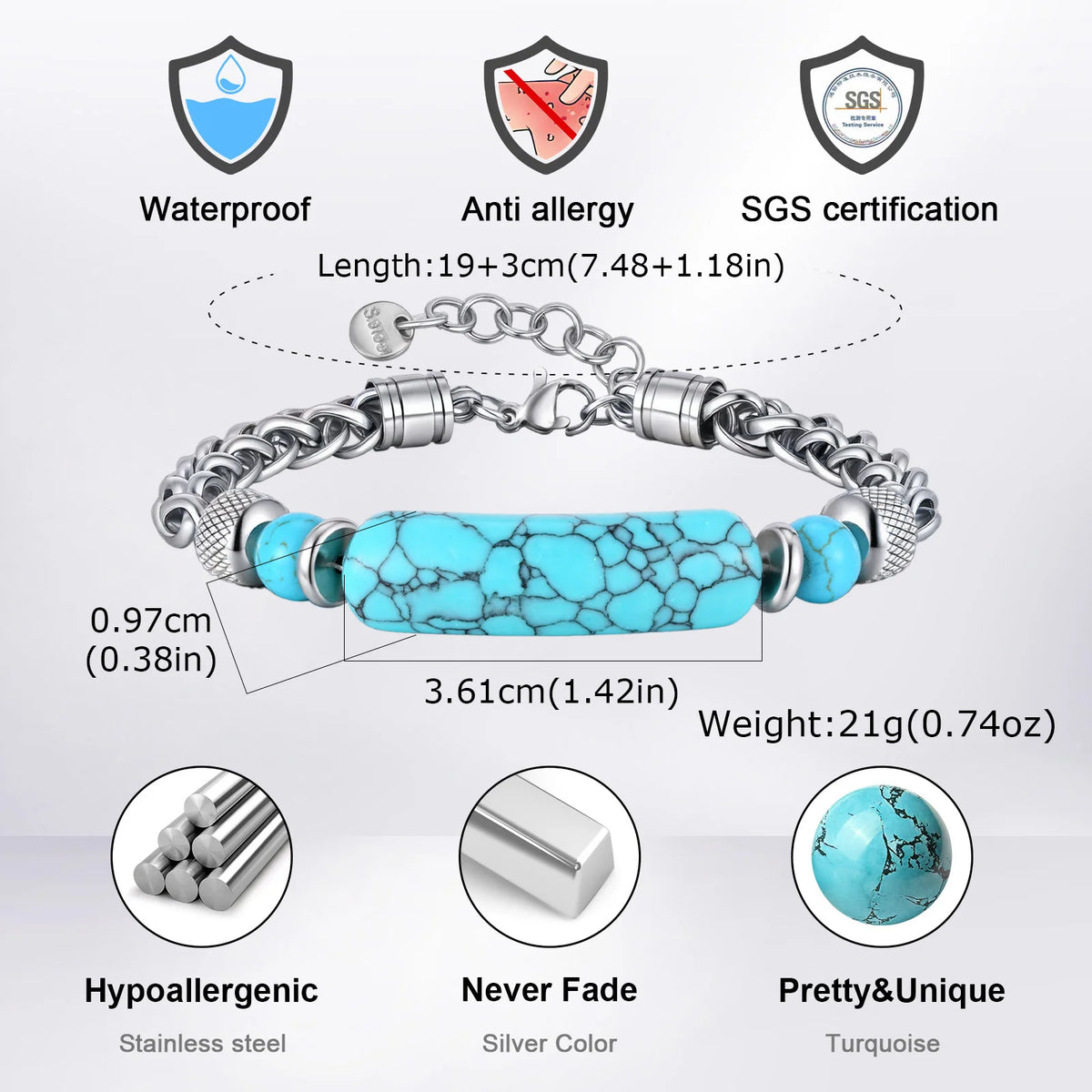 Vnox Stainless Steel Natural Turquoise Bead Bracelet for Men, 19+3cm Adjustable Chain Wristband