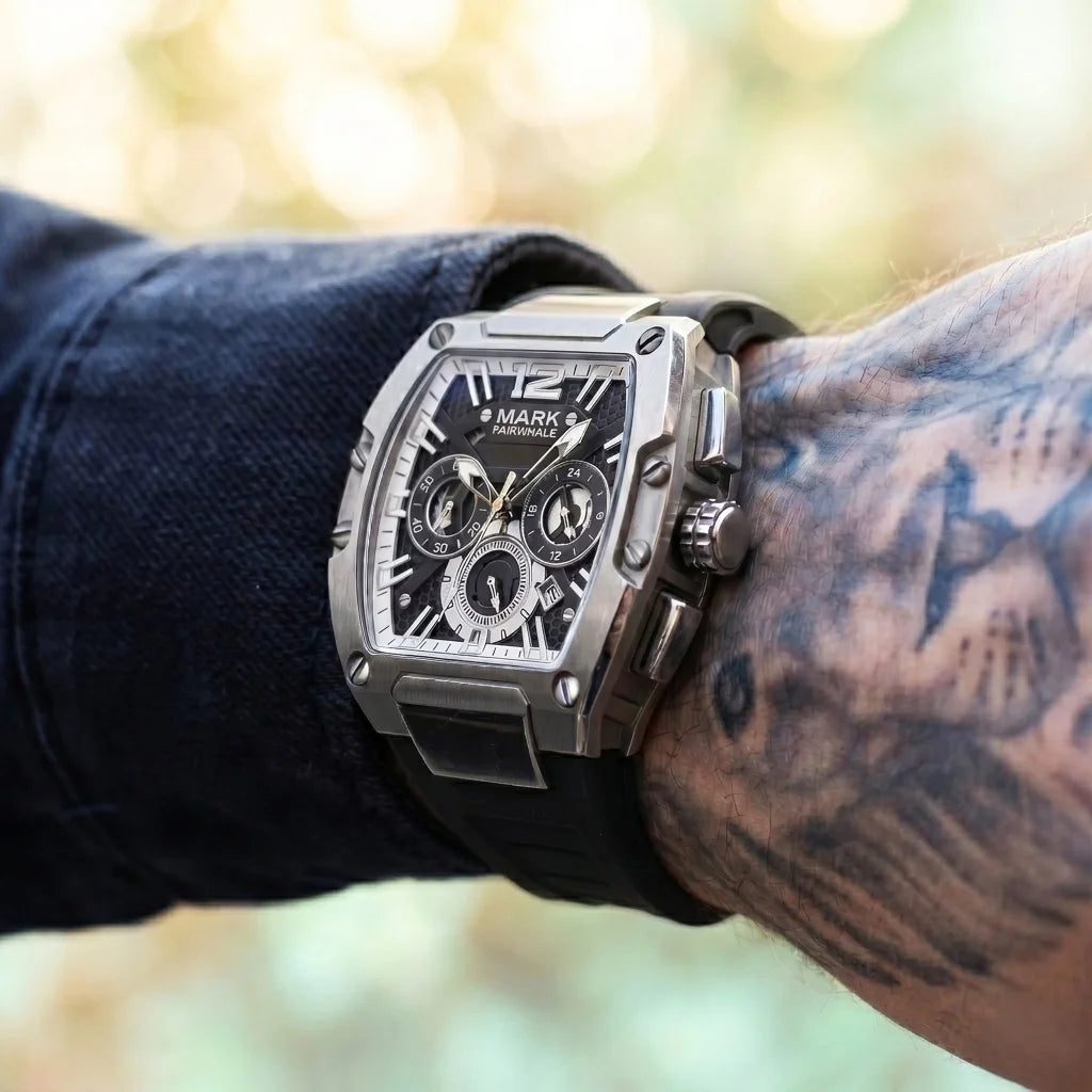Mark Fairwhale Fashion Large Tonneau Case Man's watch Quartz  Waterproof Luminous Multifunctional Chronograph Sport Watches for man