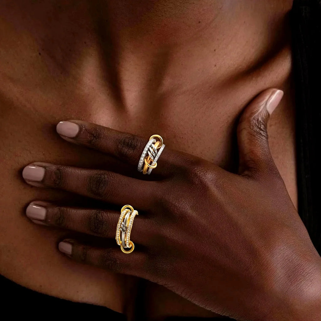 New 18K Gold Plating Stainless Steel Cubic Zirconia Multi-Link Connected Stackable Ring Women Statement Multi-Layer Stack Jewelry