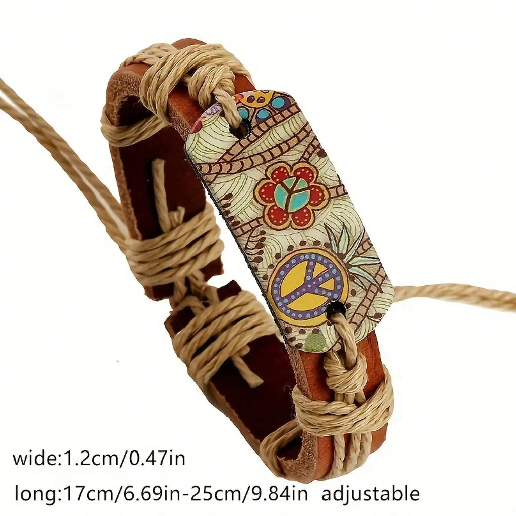 Vintage Style Hot Paint Peace Sign PU Leather Bracelet Woven Bracelet
