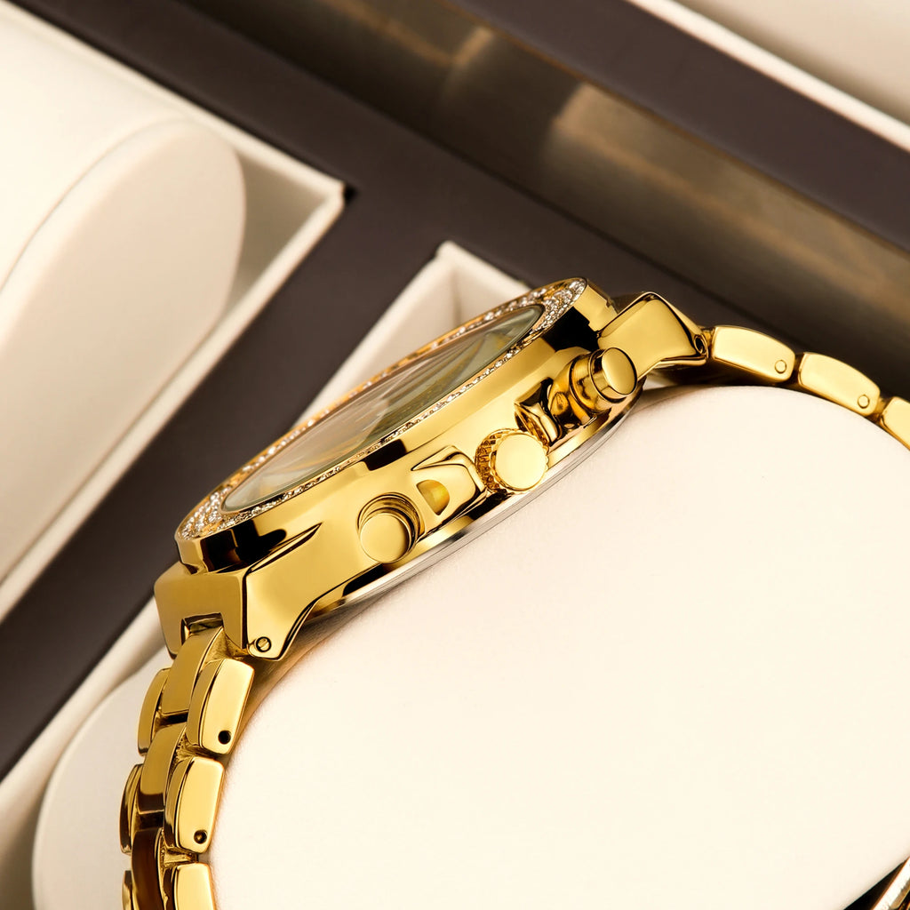 YaLaLuSi Men Women Fashion Watch, Waterproof Sports Bling Diamond Chronograph Wristwatch, Gold Band, Free Shipping