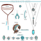 Bohemian Turquoise Jewelry Set Pendant Choker Necklace Faux Leather Cuff Bracelet Hoop Dangle Earrings mbzr
