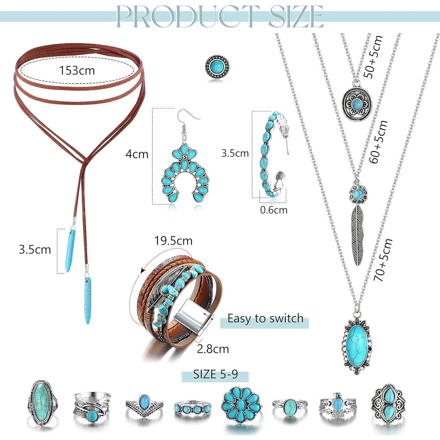 Bohemian Turquoise Jewelry Set Pendant Choker Necklace Faux Leather Cuff Bracelet Hoop Dangle Earrings mbzr