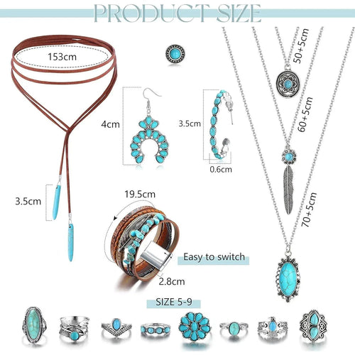 Bohemian Turquoise Jewelry Set Pendant Choker Necklace Faux Leather Cuff Bracelet Hoop Dangle Earrings mbzr