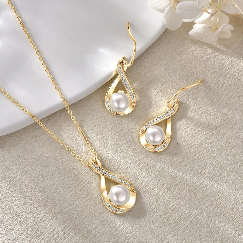 OXTAO 8-9mm Pearl Necklace& Earring Jewelry Set 14K Gold Filled Moissanite Infinity Charm Necklaces Wedding Promise Band Jewelry