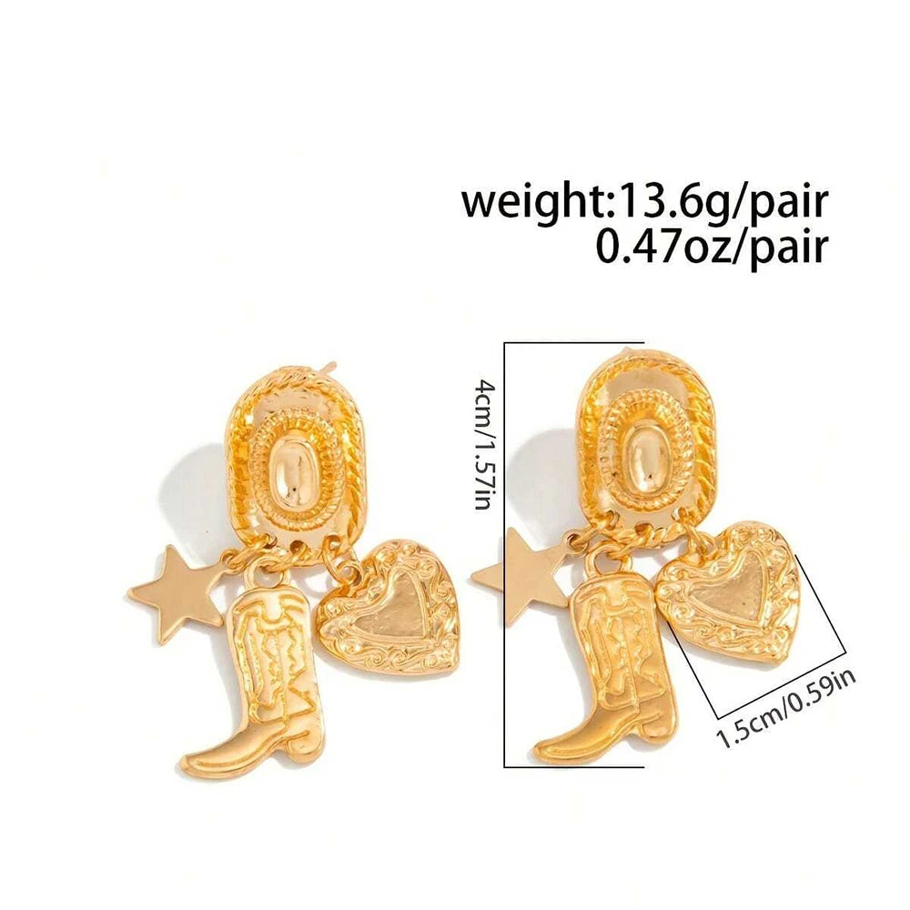 1 Pair Fashion Women Earrings Retro Bohemian Metal Cowboy Hat Boots Heart Geometric Pendant Earrings - Stylish Jewelry for Women's Casual Party Wear Birthday/Halloween/Holiday Gifts Everyday Jewelry, Elegant Accessory
