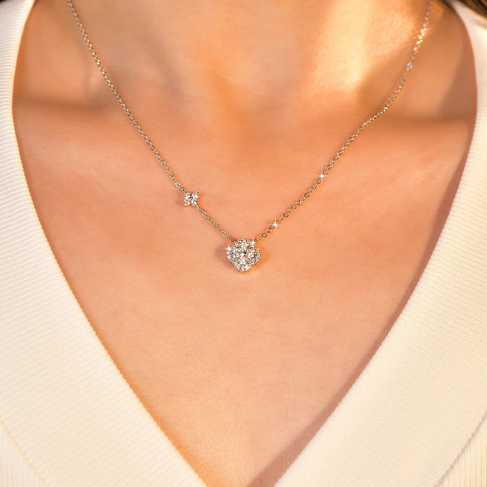 OXTAO 14K Gold Filled Clover Pendant Necklace 3mm D Color VVS1 Sweet Moissanite Four-leaf Flower Jewelry for Women Girls Birthday Gift