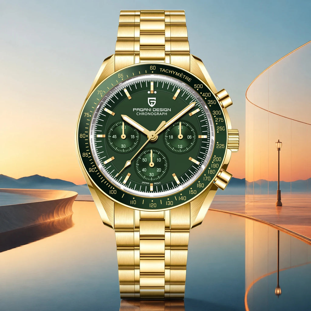 New Classic Men Watch PAGANI DESIGN Golden Green Luxury Quartz Watch For Men Automatic Date Speed Sport Chronograph AR Sapphire crystal Wristwatch Men Local Shipping