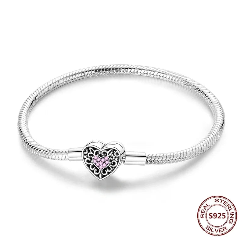 Silver 925 Bracelet Original Bracelets Colorful Zircon Heart Flower Cat Snake Chain For DIY Charms 17-20CM Luxury Jewelry Gifts mbzr