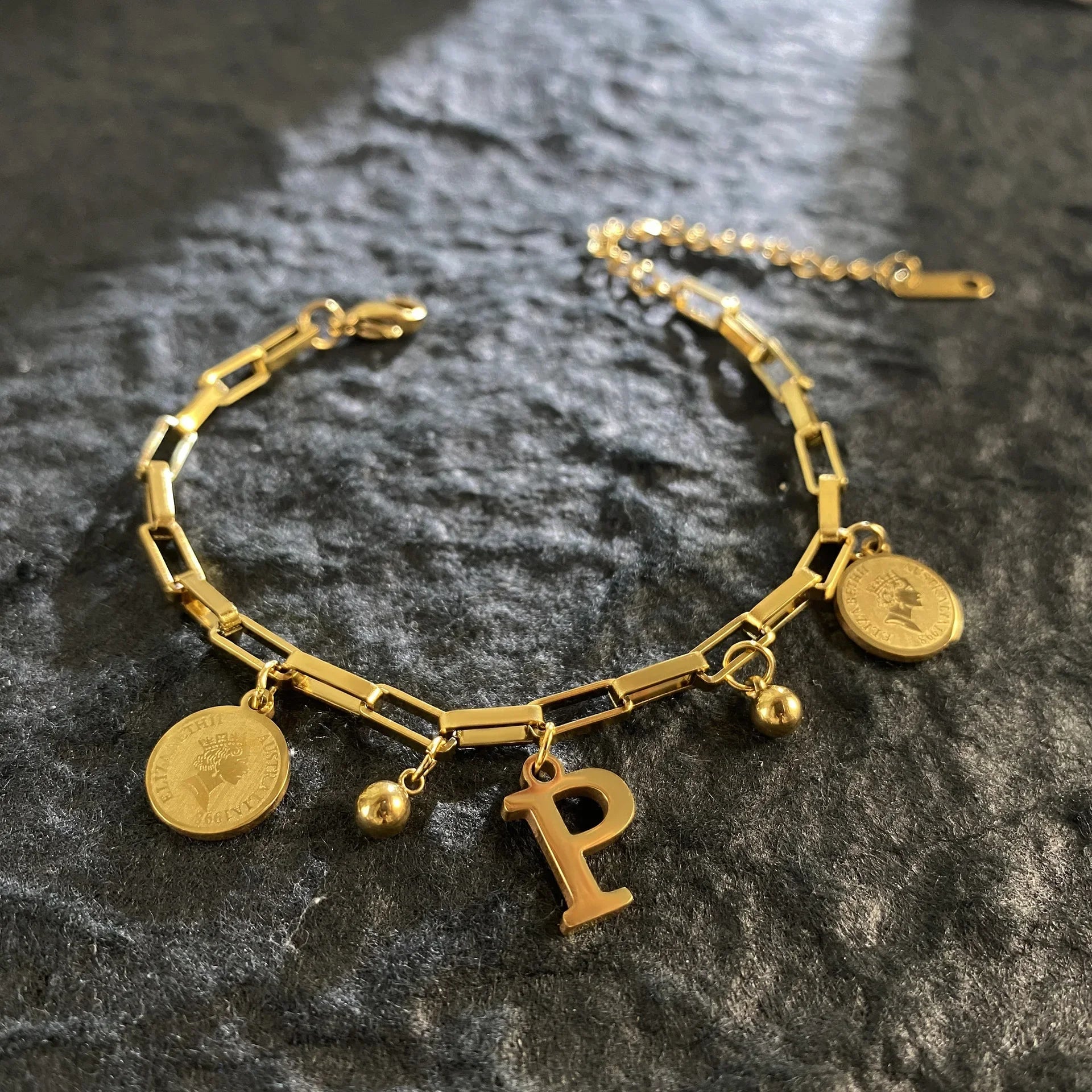 1pc Queen Coin Letter plated Stainless Steel Bracelet for Women Small Bell Pendant Adjustable Bracelet Classic Jewelry Gift