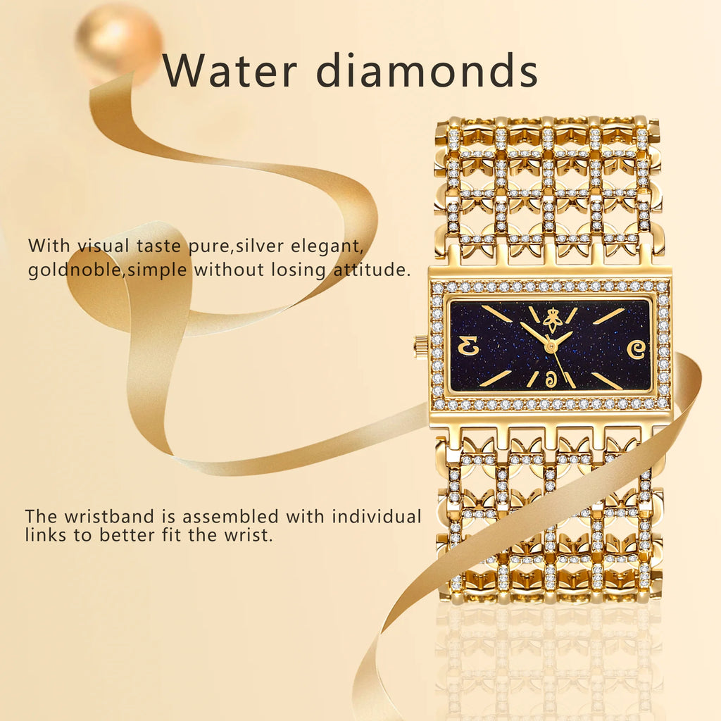 Gold Rectangle Women Watch Full Rhinestone Bezel Wide Hollow Link Bracelet Luxury Bling White Dial Fashion Ladies Quartz Dress Wristwatch For Party Wedding