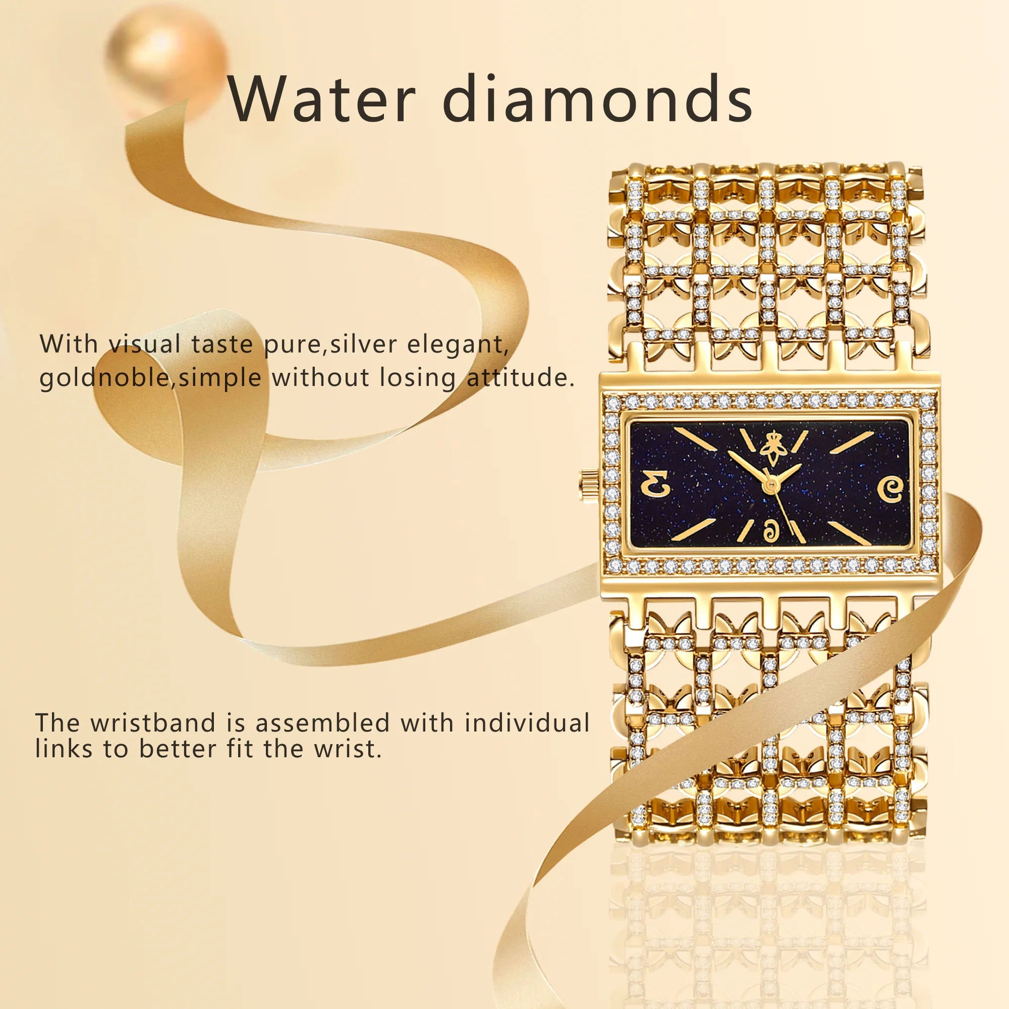 Gold Rectangle Women Watch Full Rhinestone Bezel Wide Hollow Link Bracelet Luxury Bling White Dial Fashion Ladies Quartz Dress Wristwatch For Party Wedding