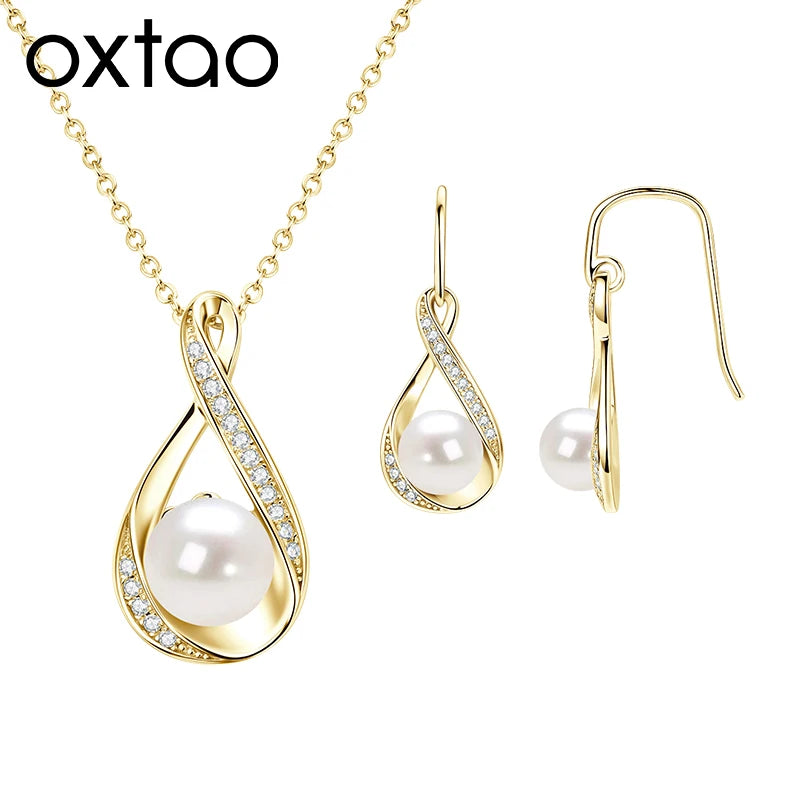 OXTAO 8-9mm Pearl Necklace& Earring Jewelry Set 14K Gold Filled Moissanite Infinity Charm Necklaces Wedding Promise Band Jewelry