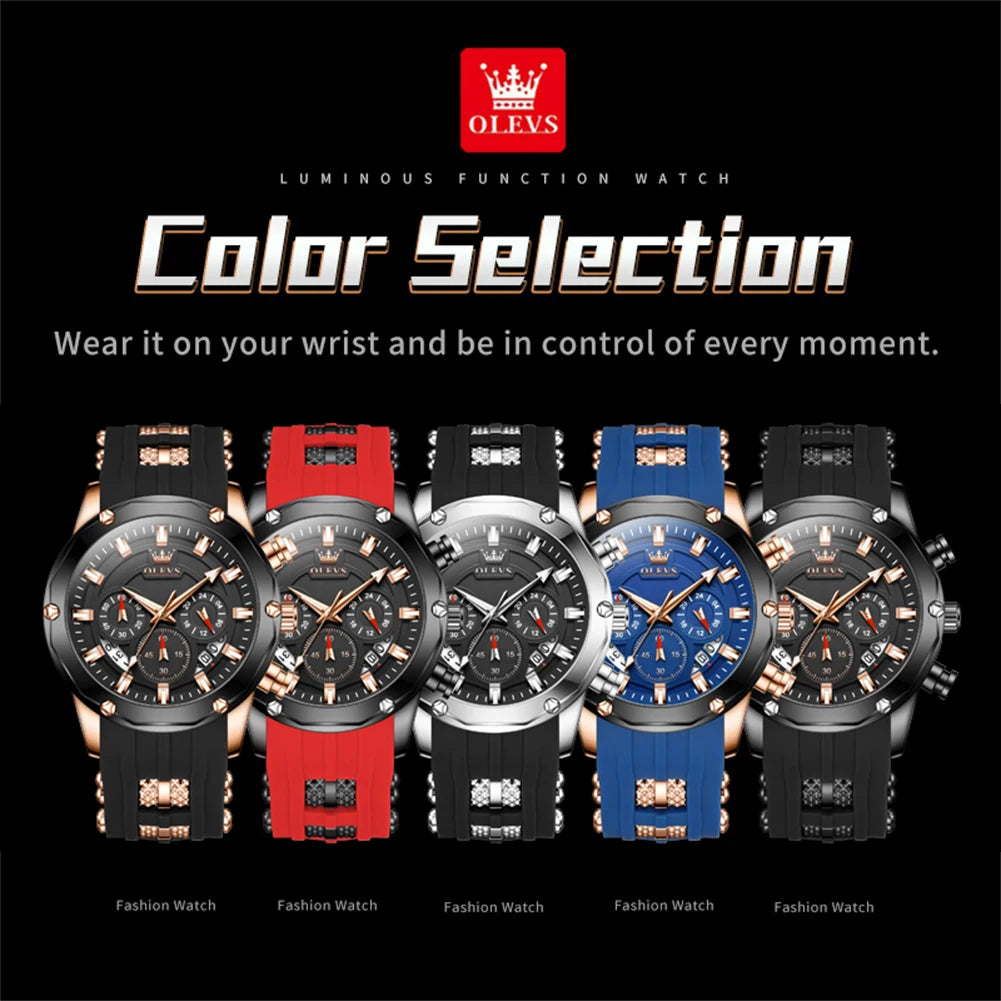 OLEVS 9991 Top Trendy Men's Watch Waterproof Silicone Strap Luxury Multifunctional Chronograph Brand Sports Quartz Men's Watch mbzr