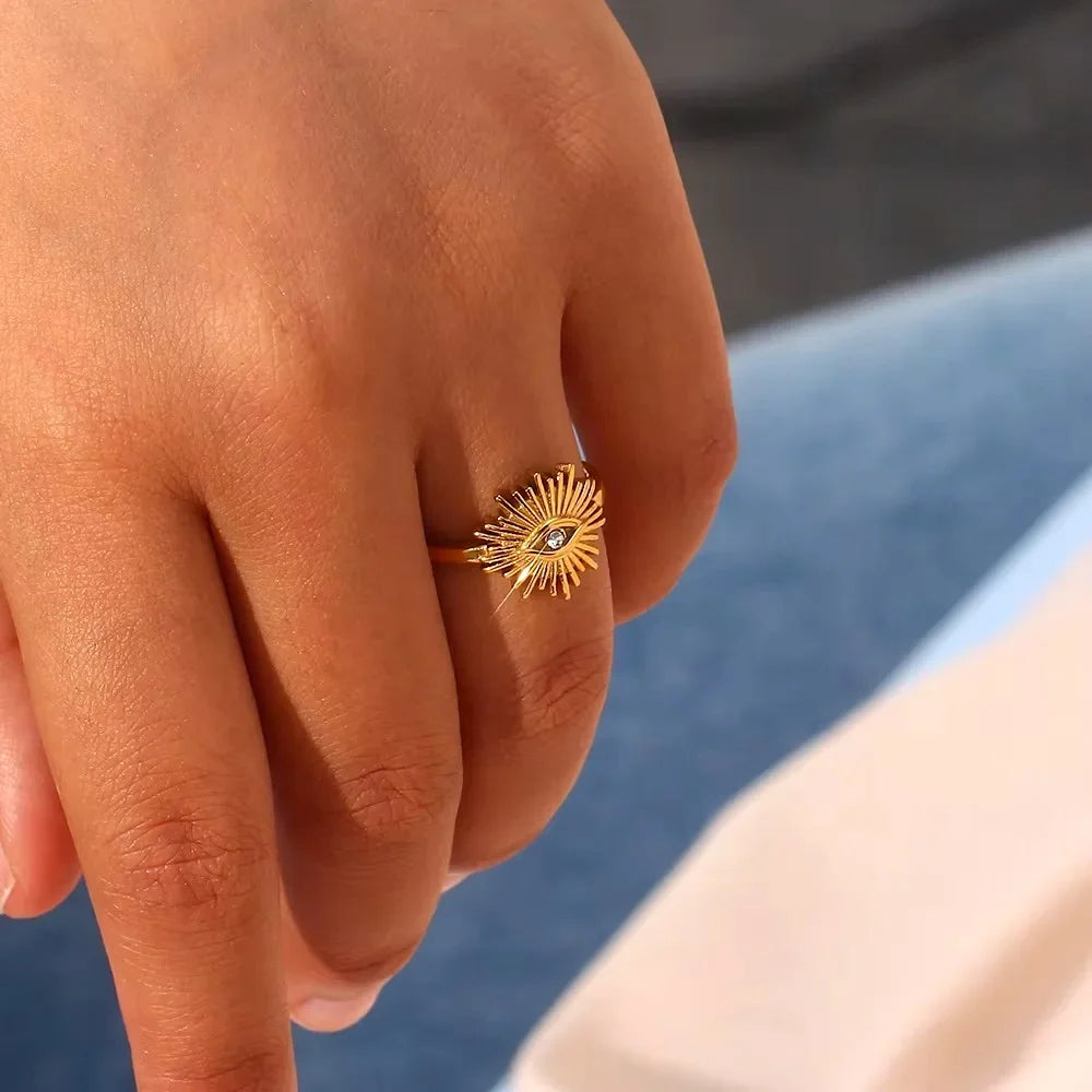 Stainless Steel Tiny Zircon Rings For Women Exquisite Gold Color Sun Double-Layer Ring Punk Hip-Hop Accessory Bague Jewelry Gift