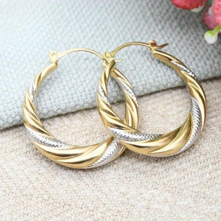 316 Stainless Steel Two-tone Twisted Hoop Earrings, Classic Retro Textured Jewelry