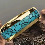Fashion men's and women's titanium steel gold-plated imitation turquoise inlaid wedding ring, using 316L stainless steel single ring design, Christmas, Valentine's Day, Father's Day and Mother's Day gifts