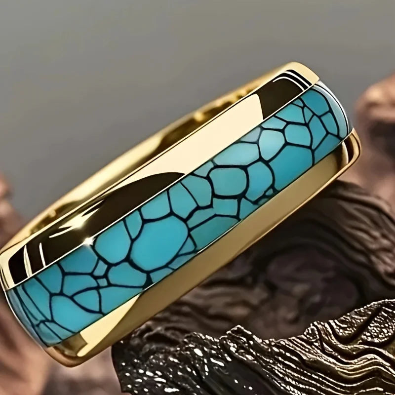Fashion men's and women's titanium steel gold-plated imitation turquoise inlaid wedding ring, using 316L stainless steel single ring design, Christmas, Valentine's Day, Father's Day and Mother's Day gifts