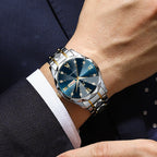1 Set Mens Watches Local Shipping Luxury style 41mm Blue Dial Rhinestone Scale Calendar & Week Quartz Movement Men's Clock Stainless Steel Gradient Gold Strap Business Watch Men mbzr
