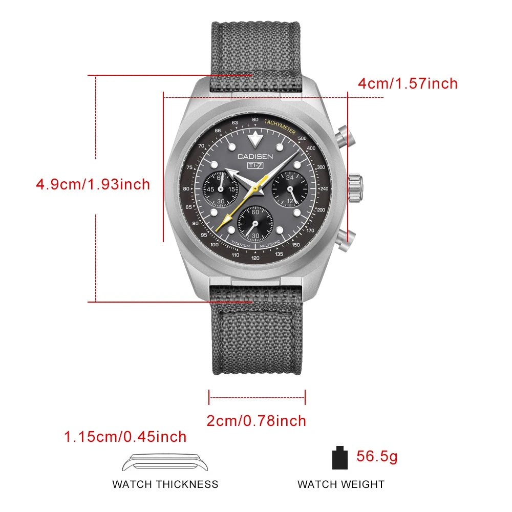 CADISEN Titanium TI-7 MULTISYNC New Moon Mens Watches Canvas Chronograph VK63 Men Gift AR Sapphire Luxury Quartz Watch For Man