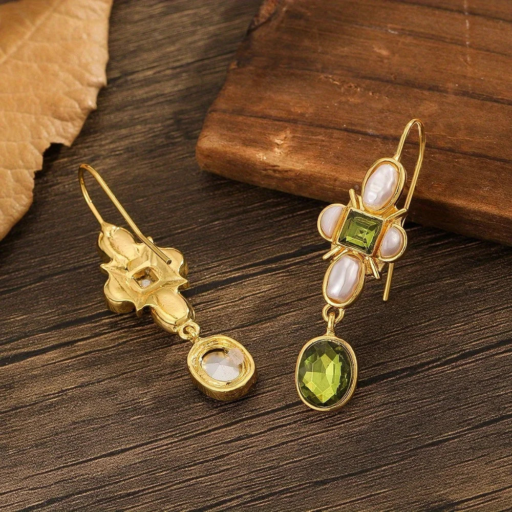 Dainty Green Peridot Pearl Cross Drop Earrings Trendy Gold Plated Oval Gemstone Ear Hook Earrings Minimalist Fine Jewelry Birthday Gift for Women