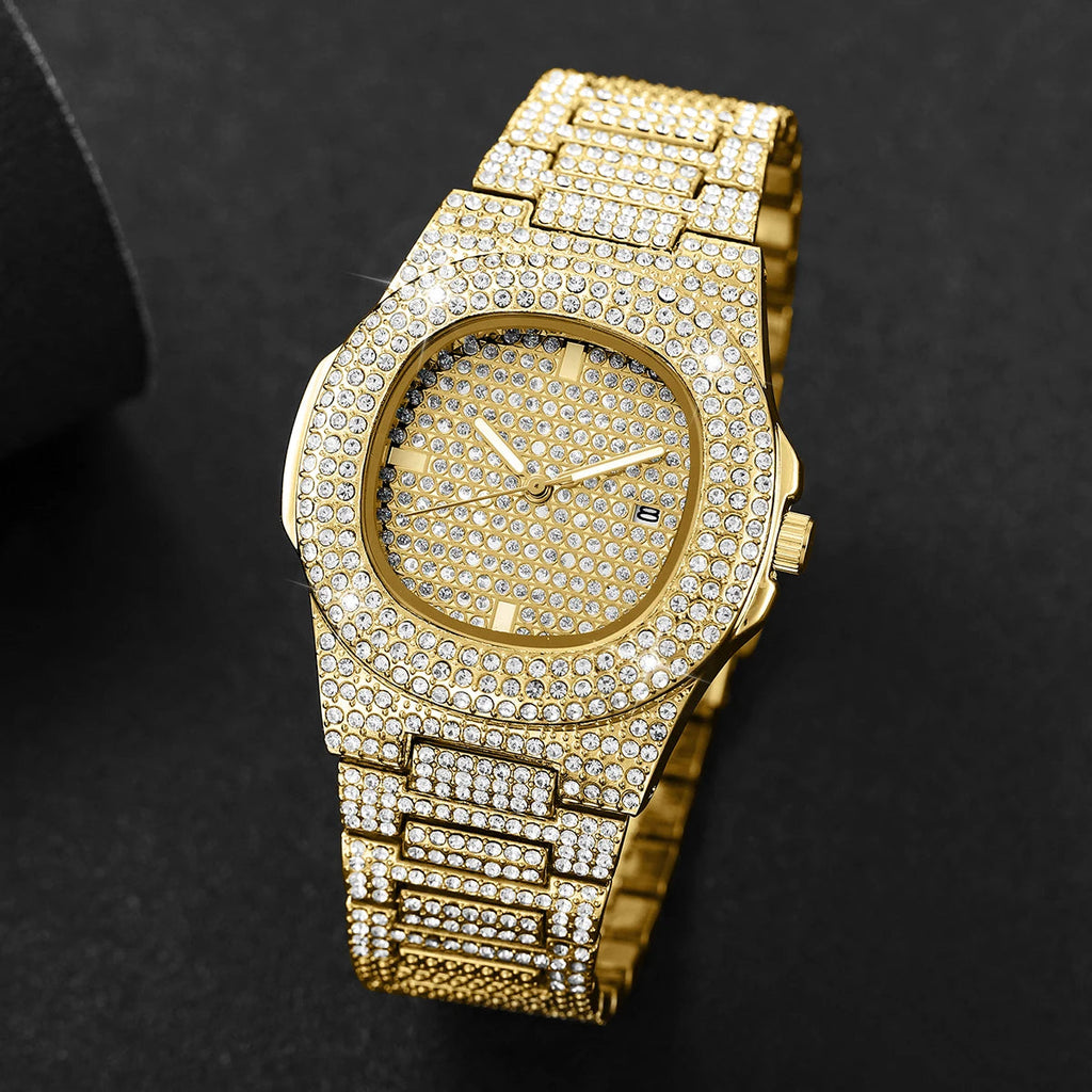 Luxury Full Diamond Men's Stainless Steel Watches Male Sports Quartz Wristwatch with Calendar mbzr