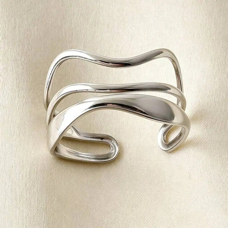 304 Stainless Steel Minimalist Ins Style Wave Design Ring, #9 Adjustable Open Cuff Hydraulic Ring, Unisex Cold Tone Diy Jewelry