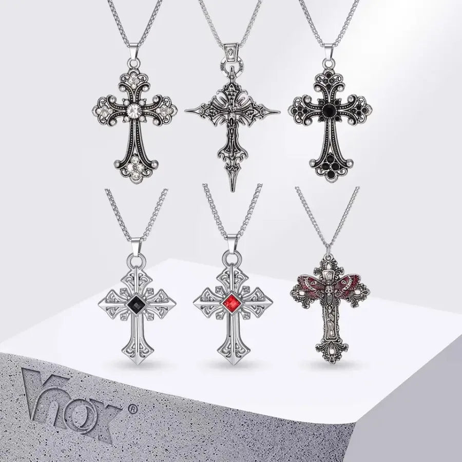 Vnox Gothic Cross Pendant Necklace, Vintage Punk Alloy Cross Chain, Religious Amulet Jewelry Gift for Men Women Hip Hop Necklac