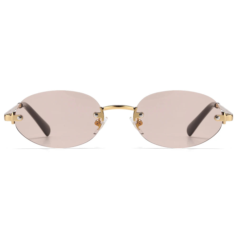 Peekaboo Fashion Oval Sun Glasses for Women Metal Men Rimless Sunglasses Round Unisex Brown Black Uv400 Female Trendy Gift