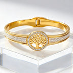 Tree Of Life Crystal Bangle For Women, Gold Stainless Steel Spring‑Open Bracelet, Waterproof Hypoallergenic Fade‑Resistant Inlay Crystal Statement Jewelry Gift
