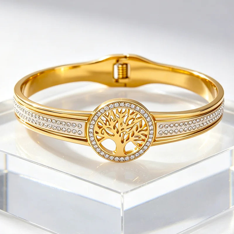 Tree Of Life Crystal Bangle For Women, Gold Stainless Steel Spring‑Open Bracelet, Waterproof Hypoallergenic Fade‑Resistant Inlay Crystal Statement Jewelry Gift