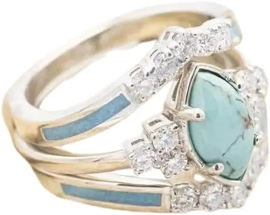 3 PCS Natural Turquoise Diamond Ring Set - Western Jewelry Silver Color Rings for Women - Bohemian Joint Knuckle Finger Rings With Sparkling Natural Gemstone