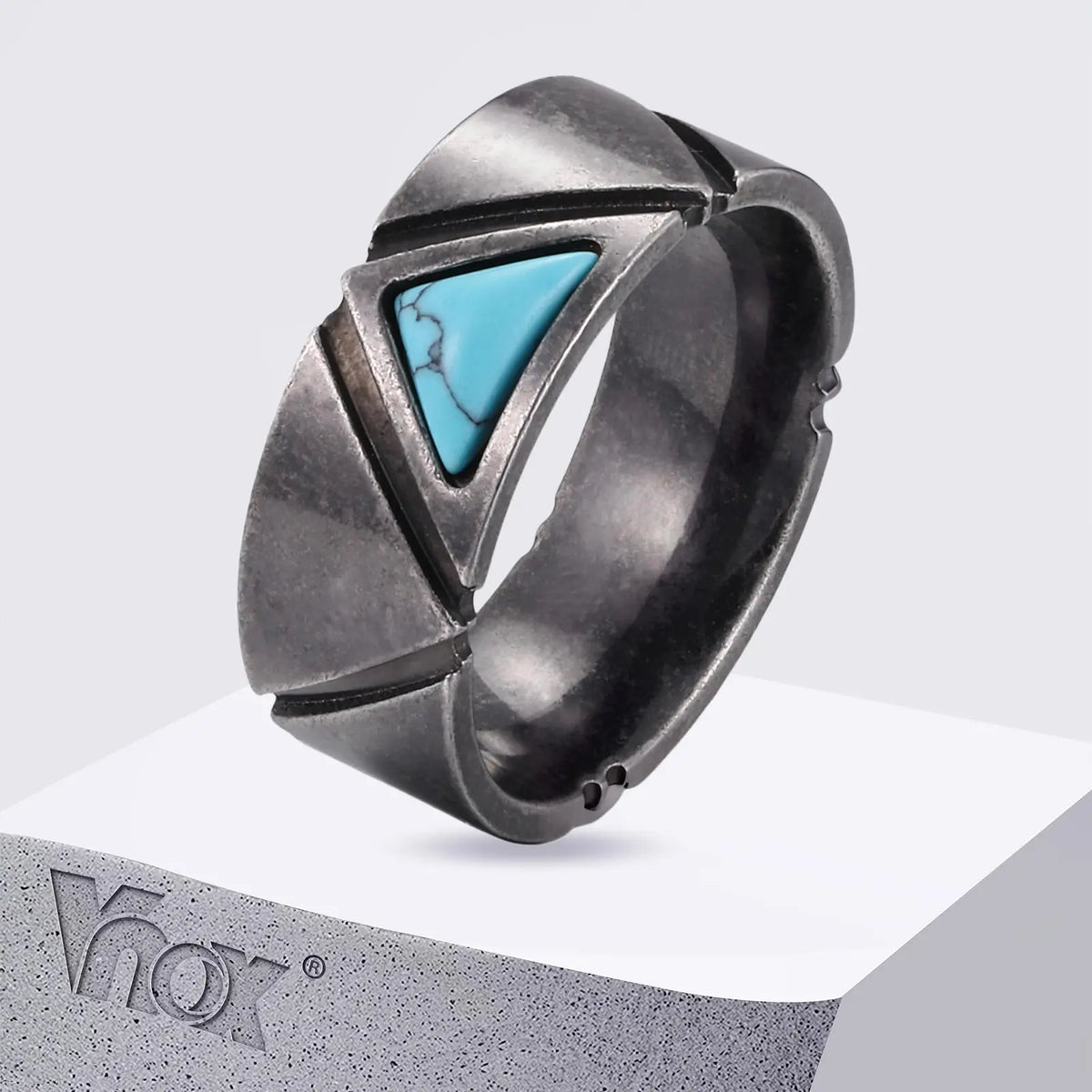 Vnox Retro Stainless Steel Men Ring, Triangle Turquoise Inlay Vintage Band, Hypoallergenic Jewelry