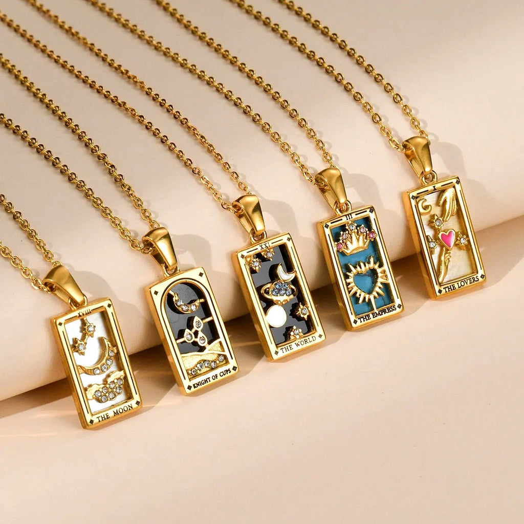 YILUOCD Original Zirconia Tarot Card Necklace Classic Tarot Queen Lover Magician Moon Wealth Amulet Stainless Steel Jewelry
