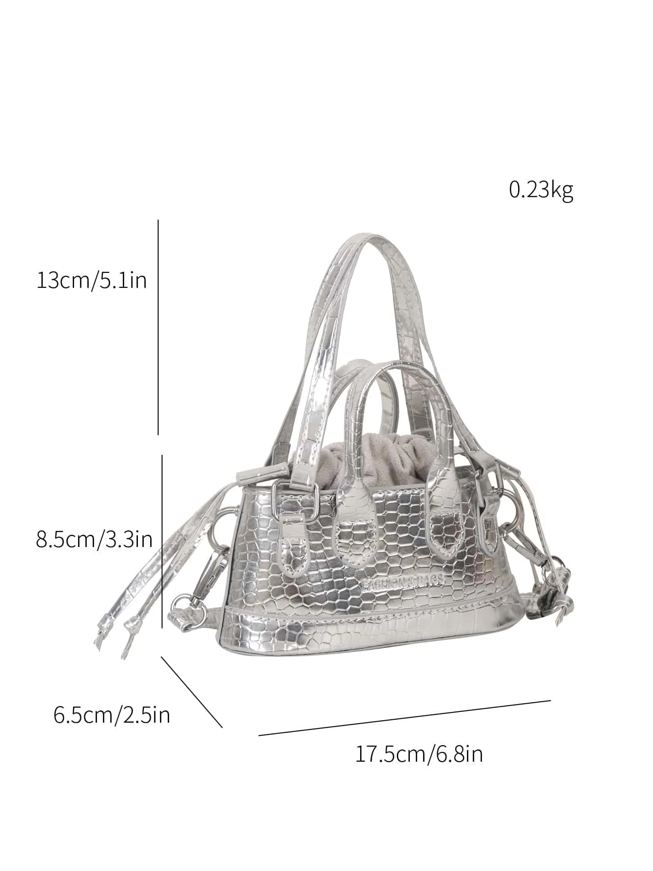 Mini Silver Croc-Embossed Top Handle Bag with Drawstring Closure
