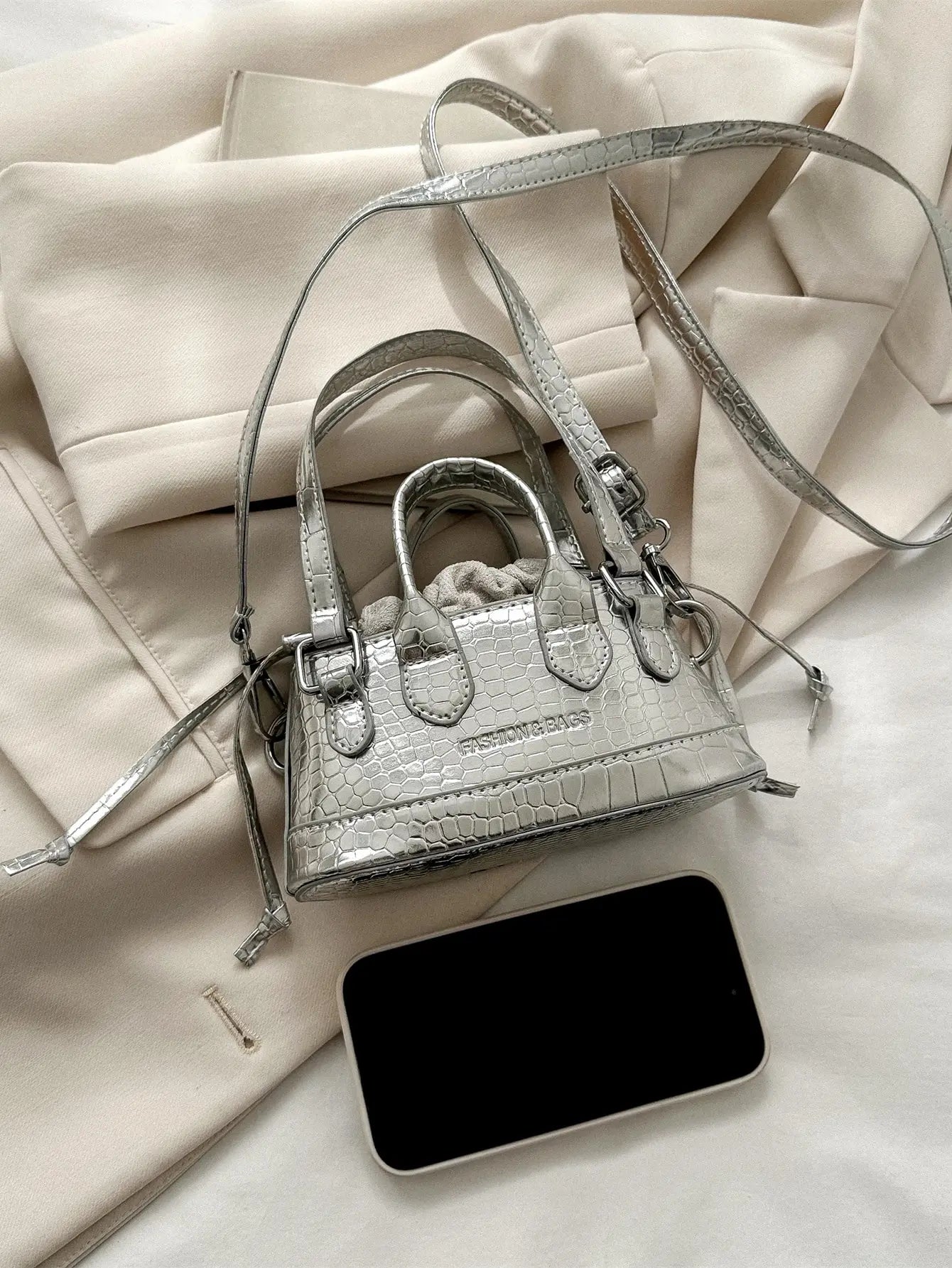 Mini Silver Croc-Embossed Top Handle Bag with Drawstring Closure