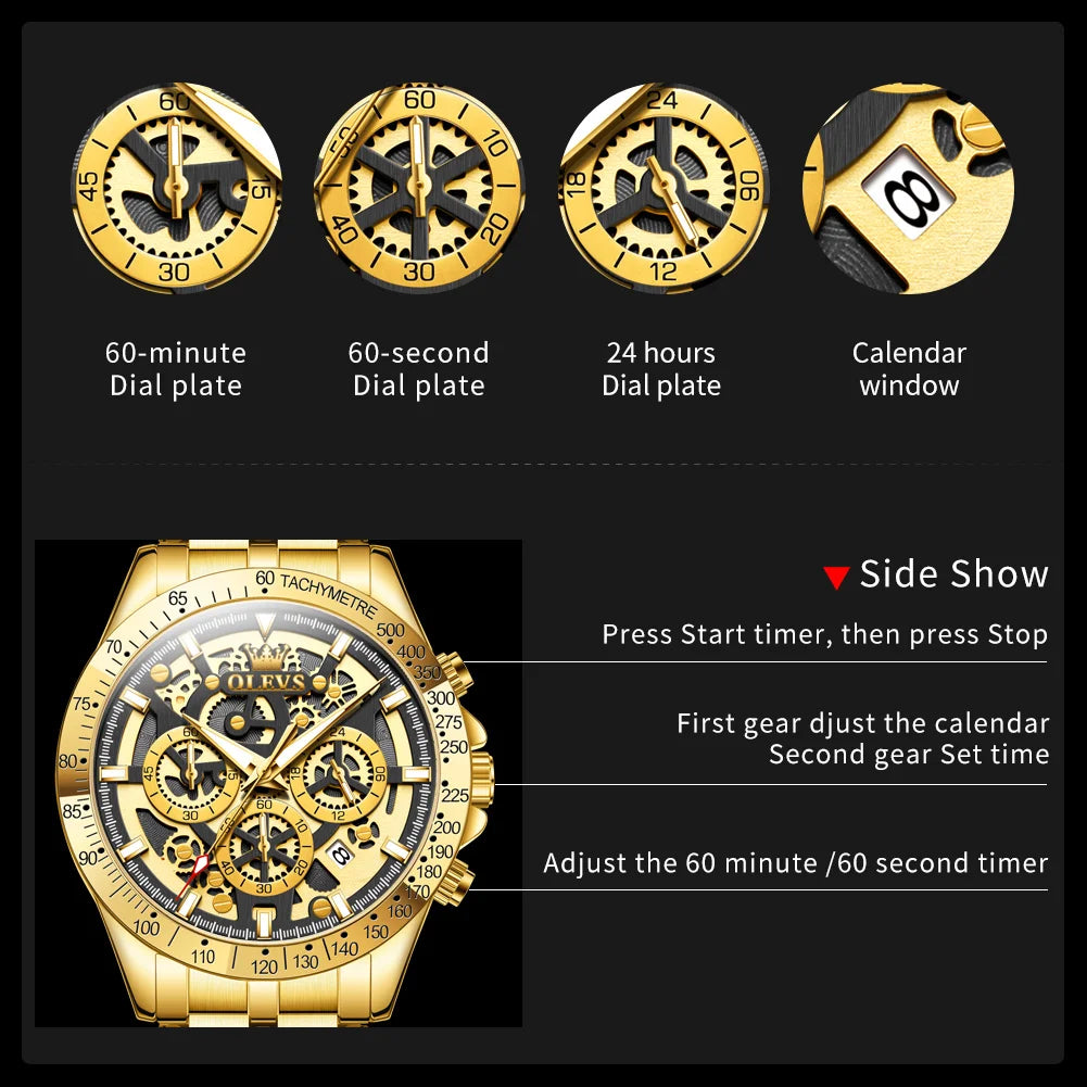 OLEVS Lxuxry Brand Gold Men's Watches Full Skeleton Stainless steel Chronograph Wristwatch Waterproof Luminous Quartz Watch Men mbzr
