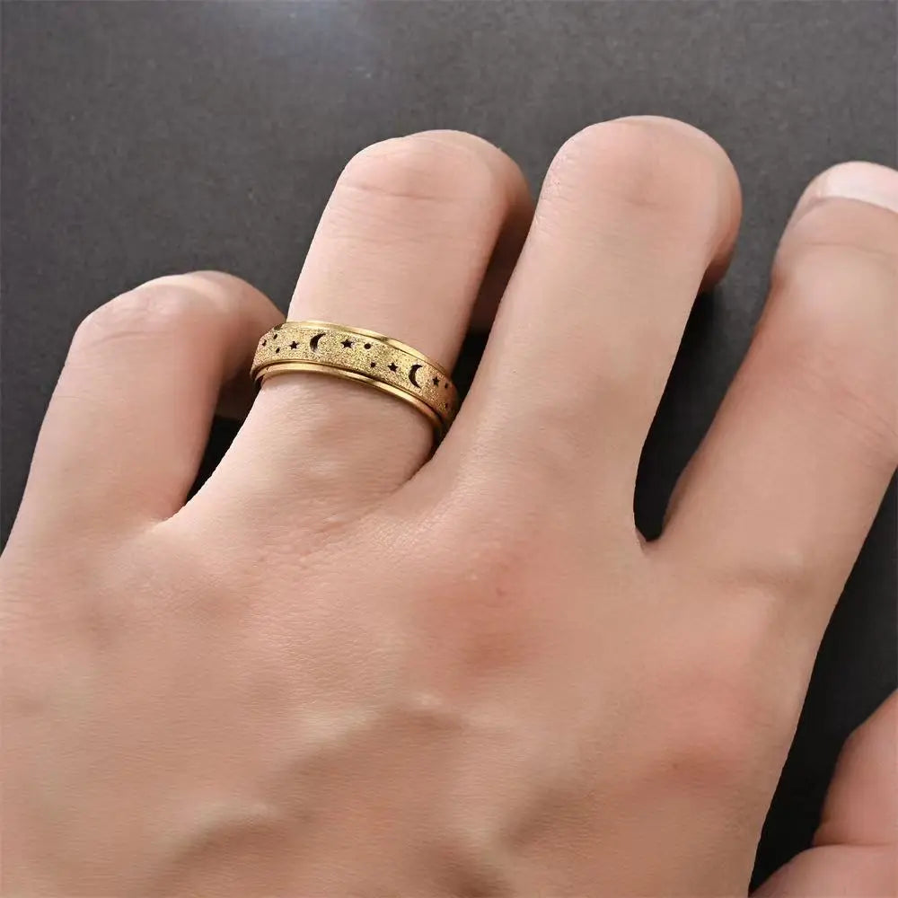 Anti Stress Stainless Steel Spinning Rotating Finger Rings For Women Men Rotatable Design Moon-Star Frosted Ring Fashion Jewelry