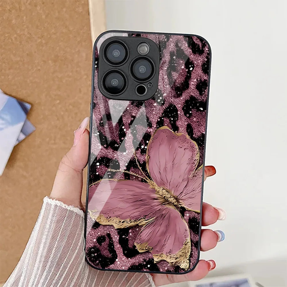 Butterfly Leopard Print Phone Case For iPhone 17 16 14 13 11 12 15 Pro Max Air 16E 8 7 Plus XR SE Tempered Glass Silicone Cover