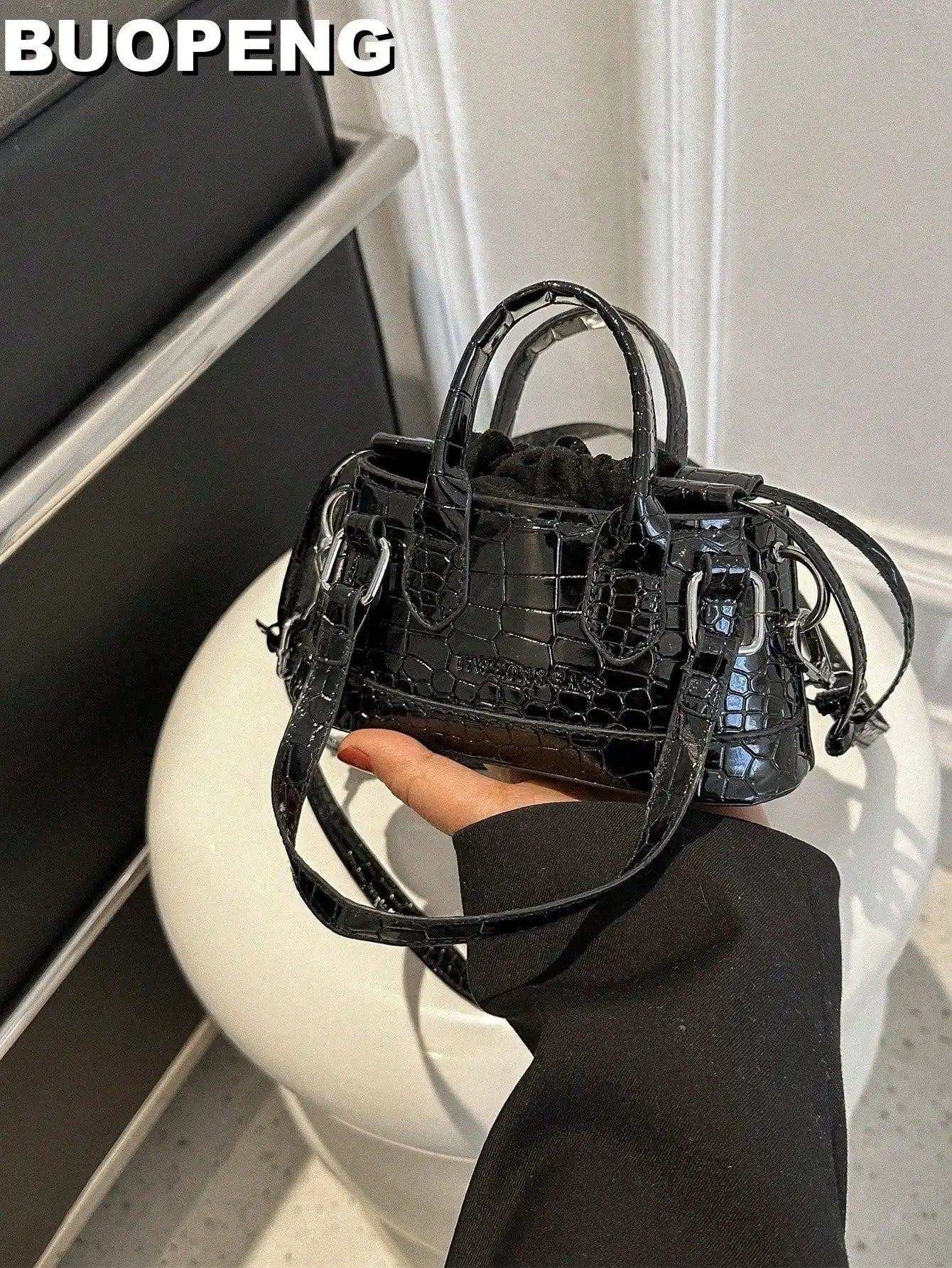 Mini Silver Croc-Embossed Top Handle Bag with Drawstring Closure