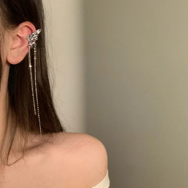 2026 Fashion Butterfly Ear Clips Women's Ear Piercing Tassel Ear Bone Clips Niche Feeling Wings Ear Hanging Ear Bone Earrings