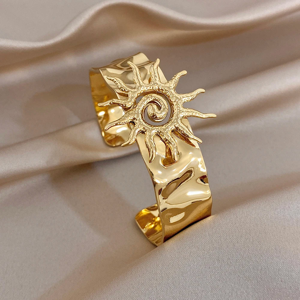 316L Stainless Steel Sunflower Open Cuff  Bangles Bracelet Y2K Gold Plated Waterproof Charms Jewelry Women's Men Gifts