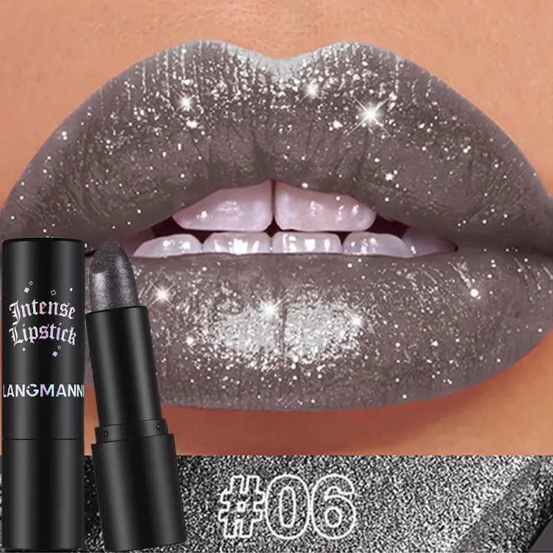 Glitter Lipstick Nude Gray Metallic Diamond Waterproof Long-Lasting Shiny Gloss Pearl Lip Tint Makeup