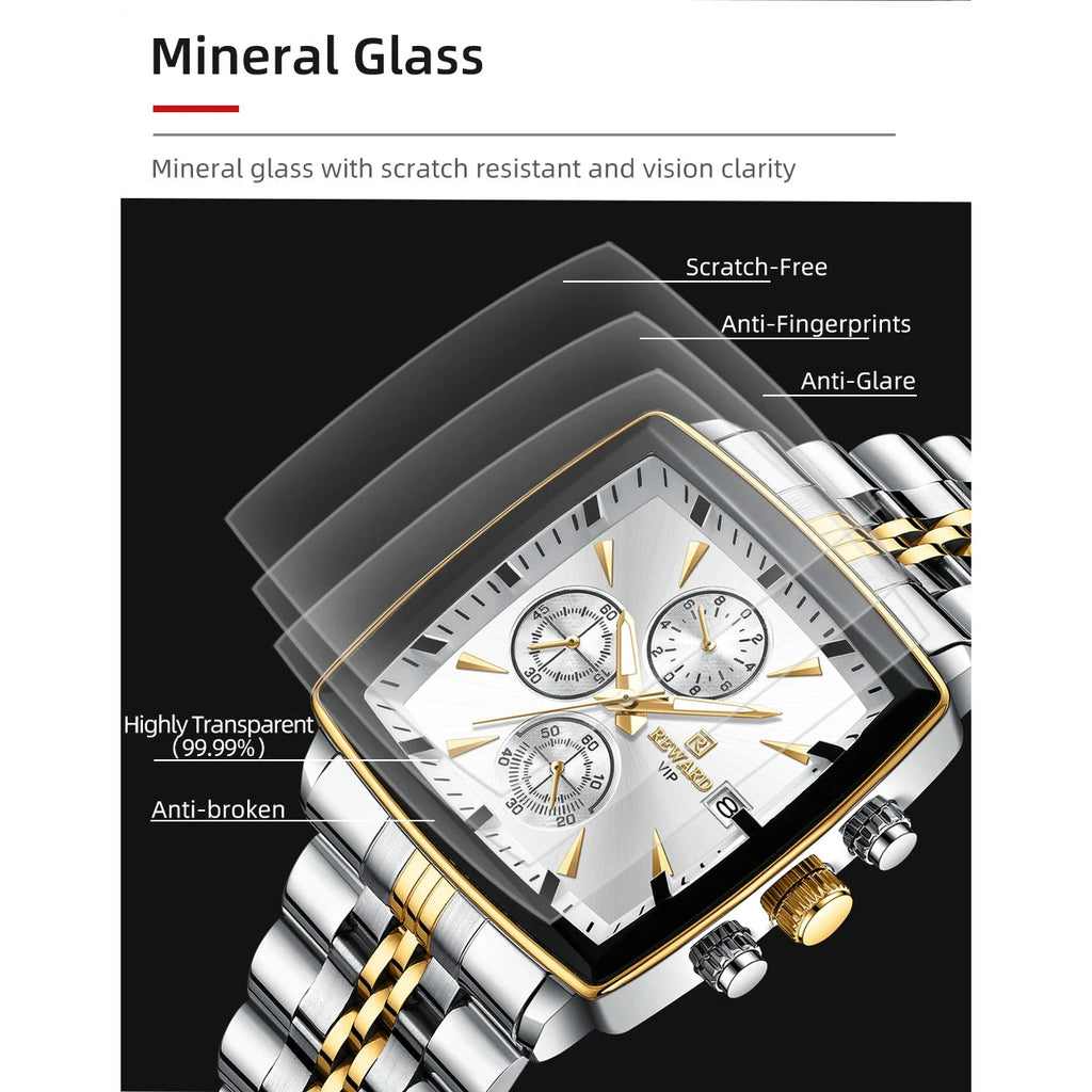 REWARD Original Men's Quartz Watches 30M Waterproof Sport Rectangle Watch for Men