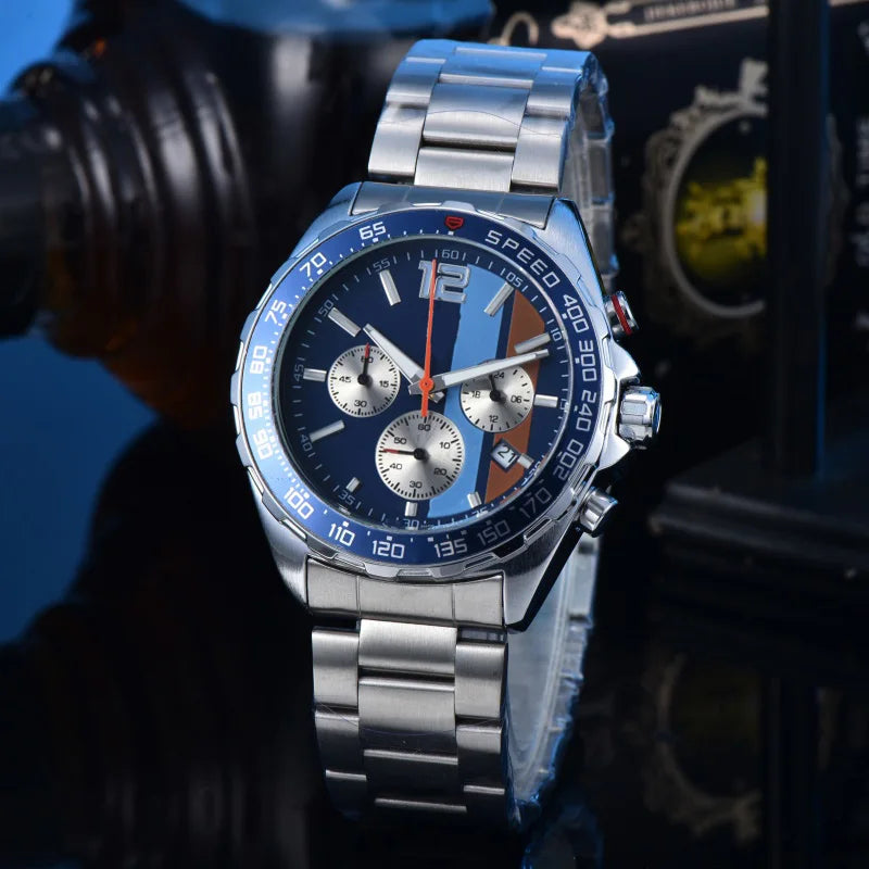 Men Racing Sport Quartz Chronograph Watch Stainless Steel Metal Bracelet 3 Sub-Dials Multicolor Dial Optional Tachymeter Bezel Date Calendar Luminous Waterproof Large Dial Business Casual Male Wrist Clock