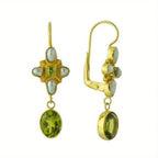 Dainty Green Peridot Pearl Cross Drop Earrings Trendy Gold Plated Oval Gemstone Ear Hook Earrings Minimalist Fine Jewelry Birthday Gift for Women
