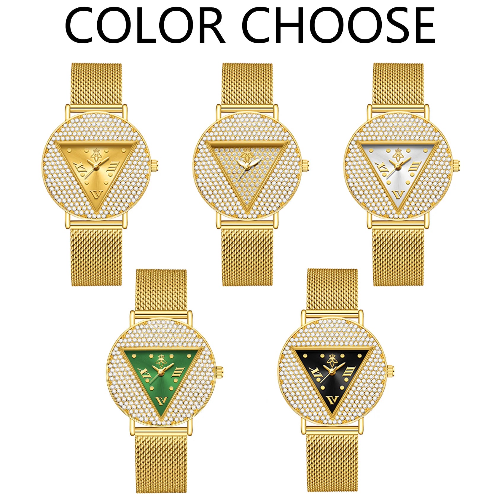 YaLaLuSi Geometric Triangle Rhinestone Ladies Wristwatch Full Paved Crystal Dial Gold Mesh Bracelet Quartz Fashion Women Dress Watch