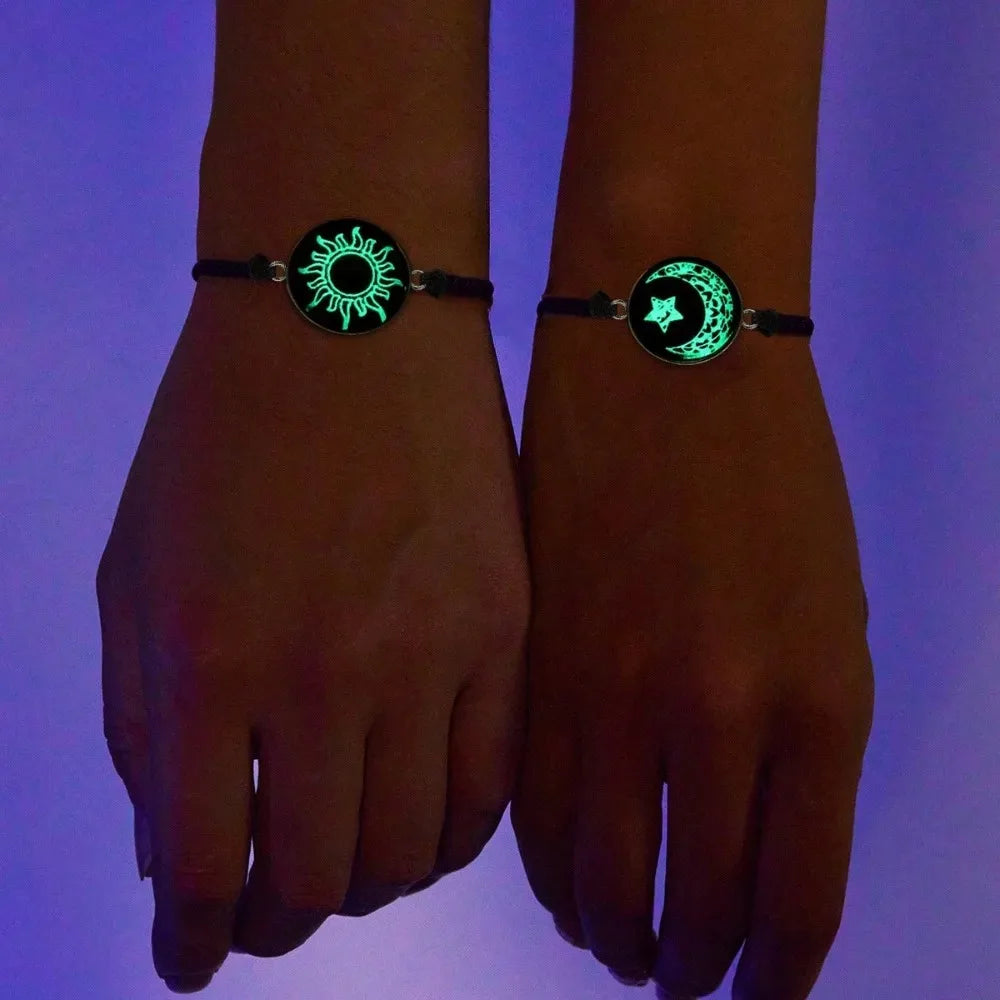 Adjustable Handmade Braided Rope Couple Bracelets Glow In The Dark Sun Moon Glass Bead Wrist Jewelry Casual Fashion Matching Accessories
